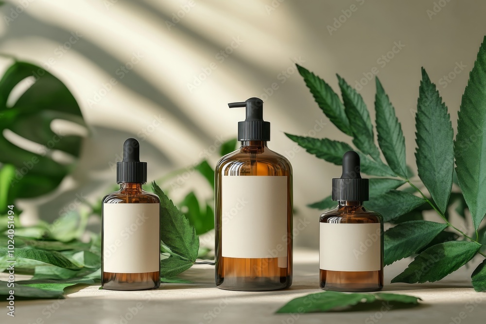 Amber Glass Bottles with Blank Labels on White Surface with Green Leaves Amber Glass Bottles with Blank Labels on White Surface with Green Leaves