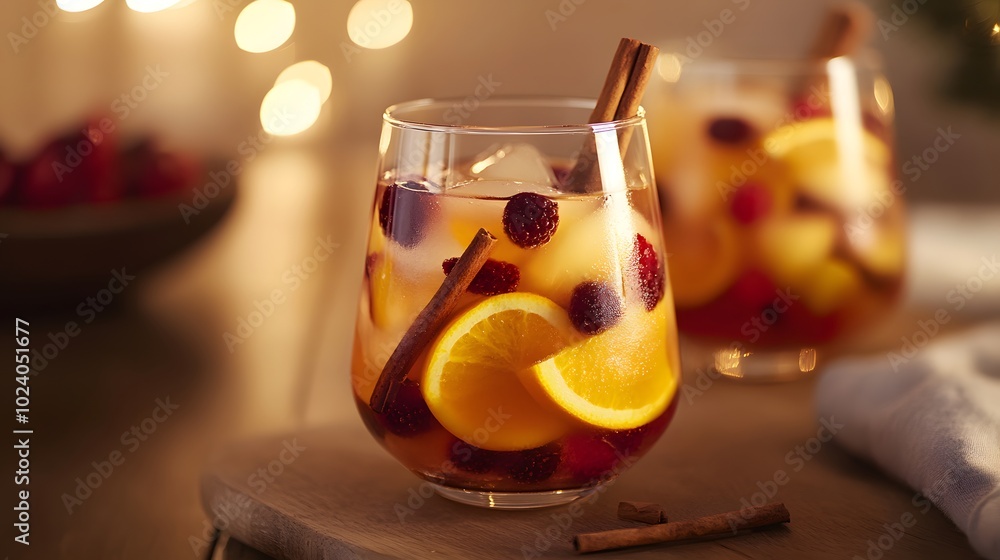 A fruity sangria, filled with slices of oranges, berries, and a cinnamon stick.
A fruity sangria, filled with slices of oranges, berries, and a cinnamon stick.