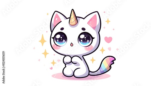 caticorn on white background with cute sparcly eyes, kawaii, begging eyes