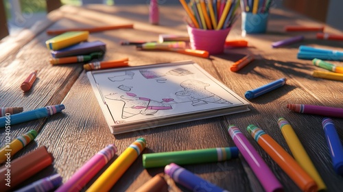 Vibrant Coloring Scene with Pencils and Ice Cream Drawing on Wooden Table in Sunlit Room