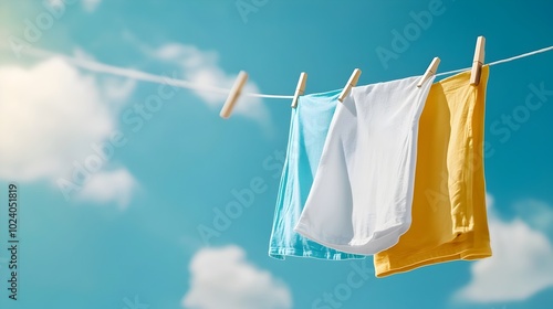 Eco Friendly Outdoor Laundry Drying on a Clothesline Against a Bright Blue Sky Symbolizing a Refreshing and Sustainable Drying Process with a Robotic Minimalist Aesthetic