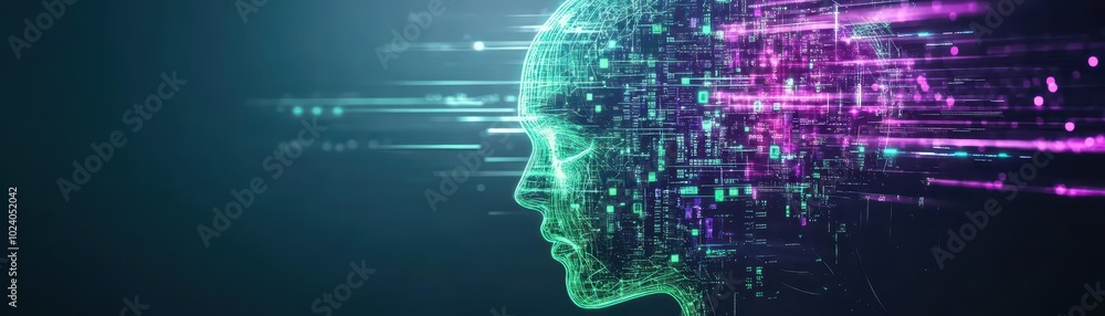 Abstract image of a digital mind crumbling into pieces, with glowing data streams fading away, glitch art, neon green and purple, tech fatigue Abstract image of a digital mind crumbling into pieces, with glowing data streams fading away, glitch art, neon green and purple, tech fatigue