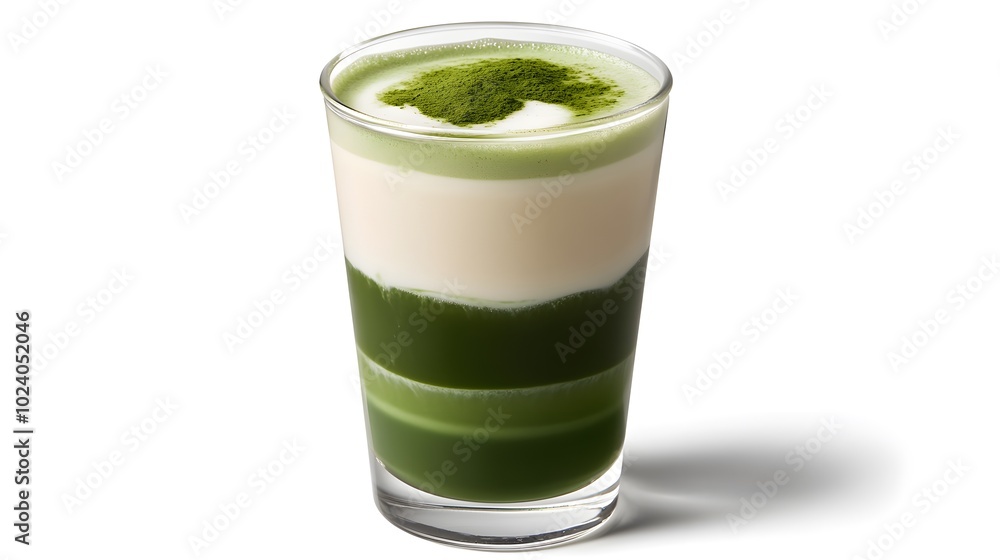 A glass of iced matcha latte, with layers of green matcha and creamy milk.
A glass of iced matcha latte, with layers of green matcha and creamy milk.
