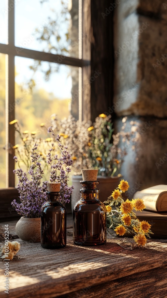 Rustic Apothecary Bottles with Wildflowers on Wooden Table by Sunlit Window in Cozy Cottage Setting Rustic Apothecary Bottles with Wildflowers on Wooden Table by Sunlit Window in Cozy Cottage Setting