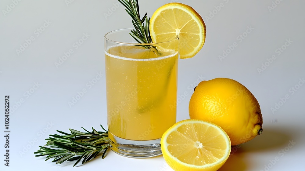 A glass of sparkling lemonade, with fresh lemon slices and a sprig of rosemary.
A glass of sparkling lemonade, with fresh lemon slices and a sprig of rosemary.