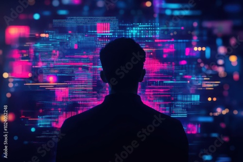 Abstract image of a human silhouette facing a swirling mass of data and digital obstacles, glitch effects, vibrant neon colors, cyberfuturistic aesthetic photo