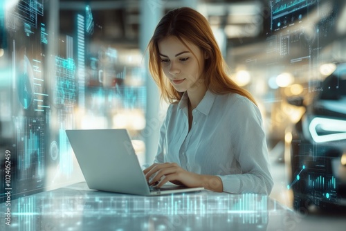 Very realistic and photographic photo of a young marketer analyzing marketing data on a laptop  surrounded by futuristic holographic displays projecting detailed graphs and charts. The light and