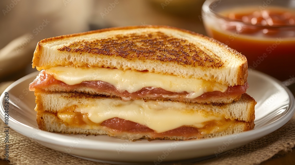 A gourmet grilled cheese sandwich, with layers of melted cheddar and Gruyère, served with tomato soup.
A gourmet grilled cheese sandwich, with layers of melted cheddar and Gruyère, served with tomato soup.