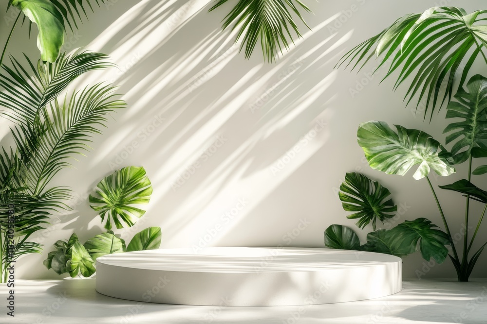Minimalist White Podium with Tropical Leaves and Sunlight Shadows Minimalist White Podium with Tropical Leaves and Sunlight Shadows