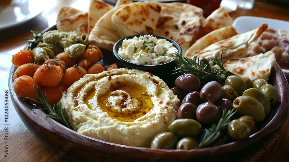 A Greek mezze platter, with hummus, olives, feta cheese, and warm pita bread.
A Greek mezze platter, with hummus, olives, feta cheese, and warm pita bread.