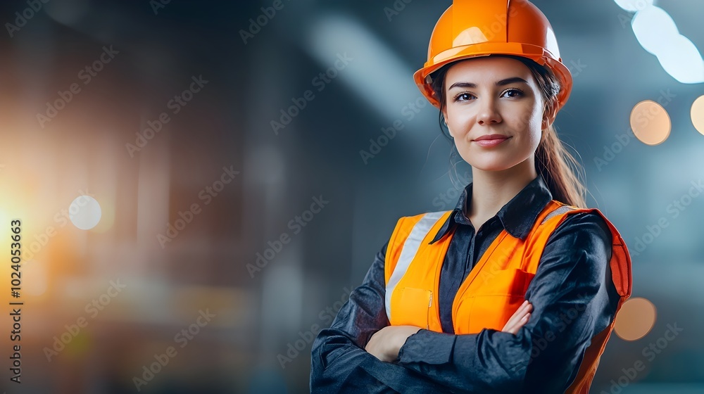 A female construction worker proudly stands in her bright futuristic styled uniform showcasing the empowerment and advancements of women in traditionally male dominated trades A female construction worker proudly stands in her bright futuristic styled uniform showcasing the empowerment and advancements of women in traditionally male dominated trades