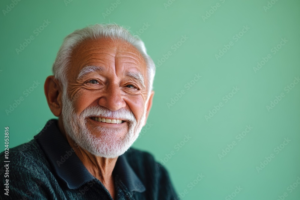 Fototapeta premium Elderly man, smiling broadly, in front of a solid light green background with plenty of space for copy