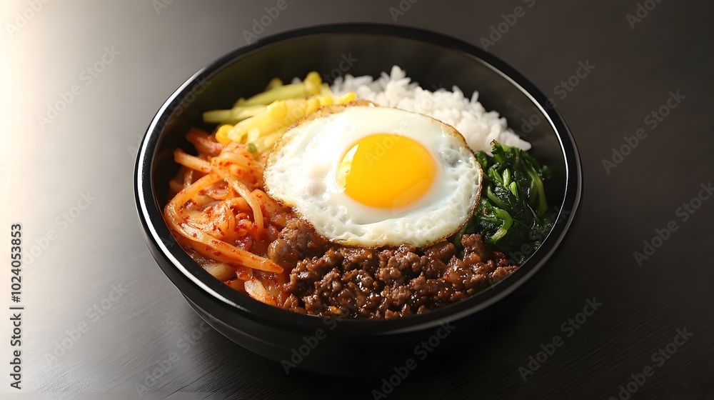 A Korean bibimbap bowl, with rice, sautéed vegetables, a fried egg, and spicy gochujang sauce.
A Korean bibimbap bowl, with rice, sautéed vegetables, a fried egg, and spicy gochujang sauce.