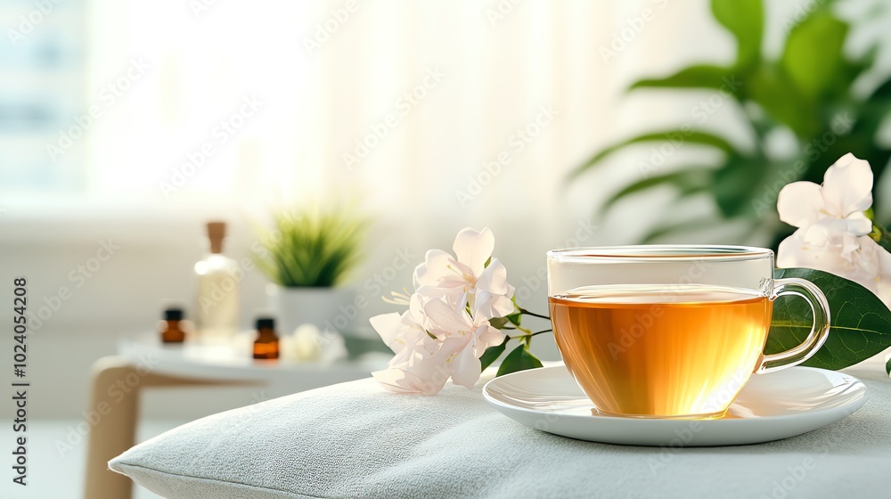 A calming scene featuring a cup of herbal tea surrounded by flowers and essential oils, perfect for relaxation and wellness. A calming scene featuring a cup of herbal tea surrounded by flowers and essential oils, perfect for relaxation and wellness.