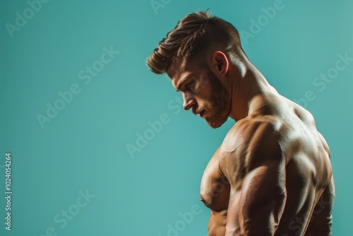 Fit man with a powerful physique and a calm, sharp demeanor, solid color background, ideal for promoting gym services that emphasize total body and mind wellness photo