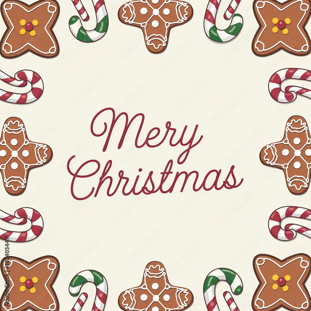 Fototapeta premium Traditional Merry Christmas greeting template framed by festive illustrations of gingerbread men, striped candy canes, and winter pine foliage.