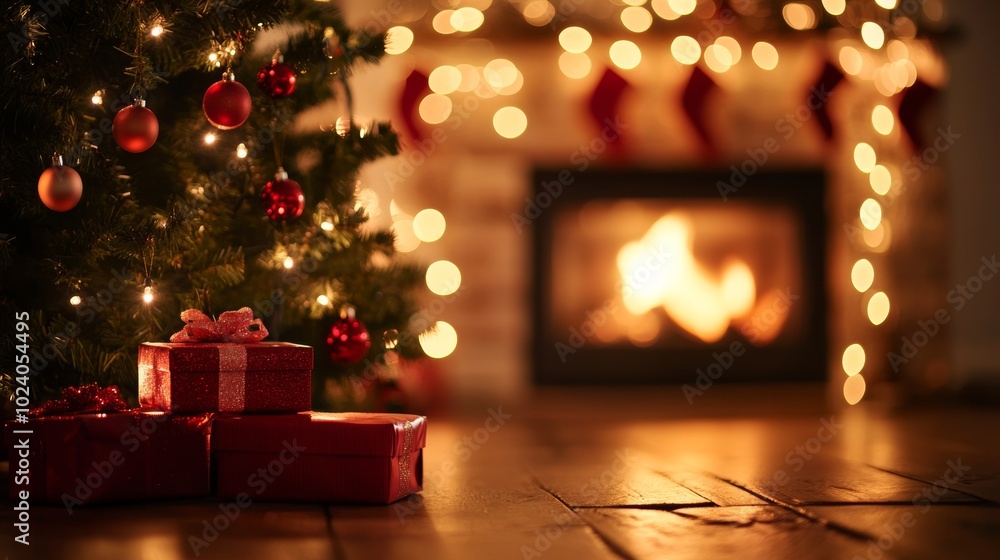 A cozy Christmas setting featuring warm fireplace glow, red gift boxes, and shimmering tree lights creating a festive atmosphere A cozy Christmas setting featuring warm fireplace glow, red gift boxes, and shimmering tree lights creating a festive atmosphere