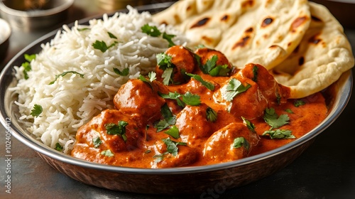 A plate of Indian butter chicken, served with fragrant basmati rice and garlic naan.