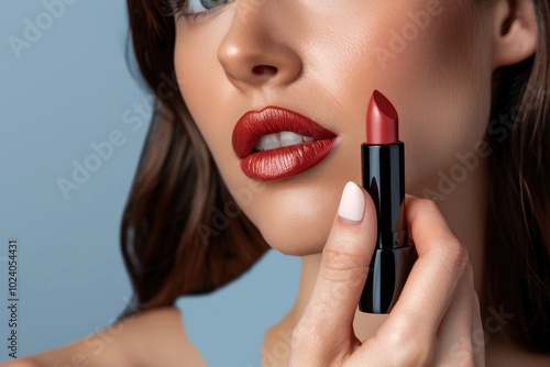 Cropped view of a woman presenter holding lipstick with grace, emphasizing her refined fingers and feminine elegance against a solid color backdrop, blending style