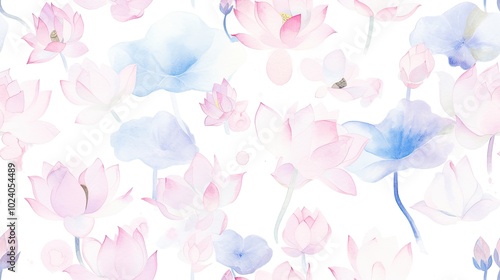 Elegant Watercolor Floral Pattern with Soft Pink and Blue Lotus Flowers on a White Background for Artistic and Decorative Use