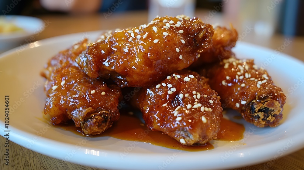A plate of Korean fried chicken, with a sweet and spicy glaze and sesame seeds sprinkled on top.
A plate of Korean fried chicken, with a sweet and spicy glaze and sesame seeds sprinkled on top.