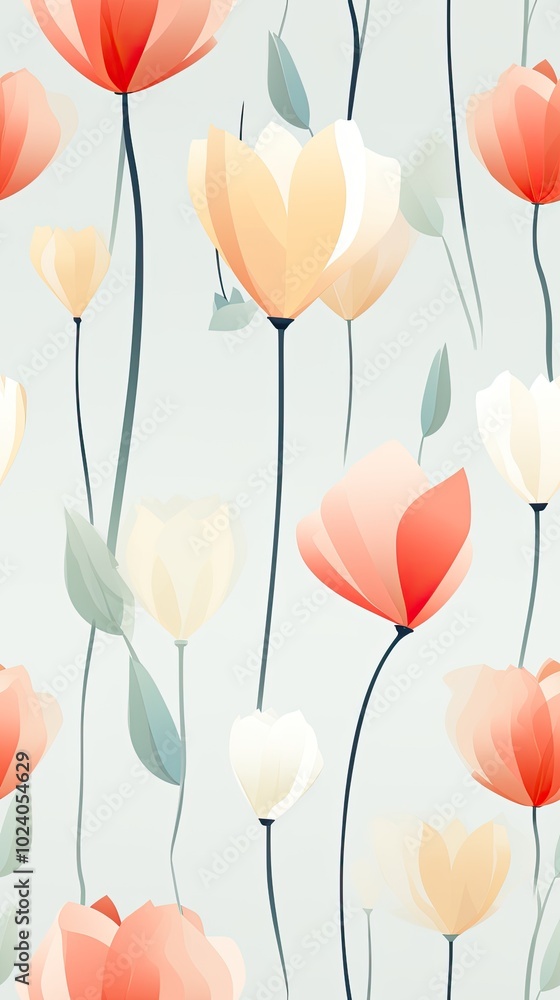 Elegant Floral Pattern with Stylized Tulips in Soft Pastel Colors on a Light Background Elegant Floral Pattern with Stylized Tulips in Soft Pastel Colors on a Light Background