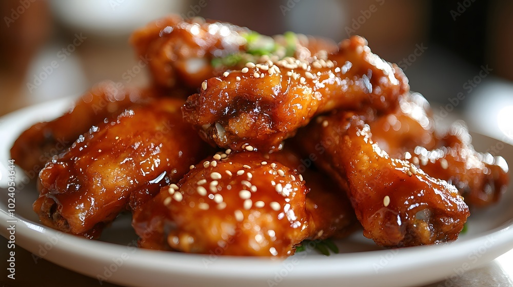 A plate of Korean fried chicken, with a sweet and spicy glaze and sesame seeds sprinkled on top.
A plate of Korean fried chicken, with a sweet and spicy glaze and sesame seeds sprinkled on top.