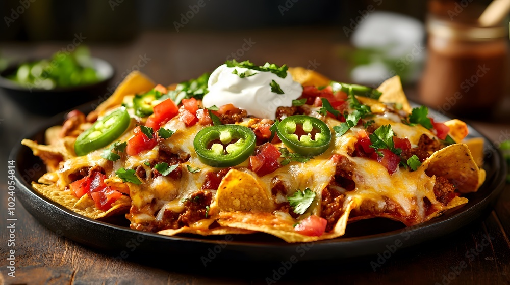 A plate of loaded nachos, with melted cheese, jalapeños, guacamole, and sour cream.
A plate of loaded nachos, with melted cheese, jalapeños, guacamole, and sour cream.