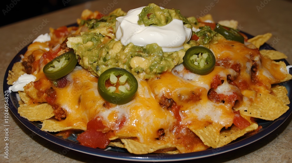 A plate of loaded nachos, with melted cheese, jalapeños, guacamole, and sour cream.
A plate of loaded nachos, with melted cheese, jalapeños, guacamole, and sour cream.