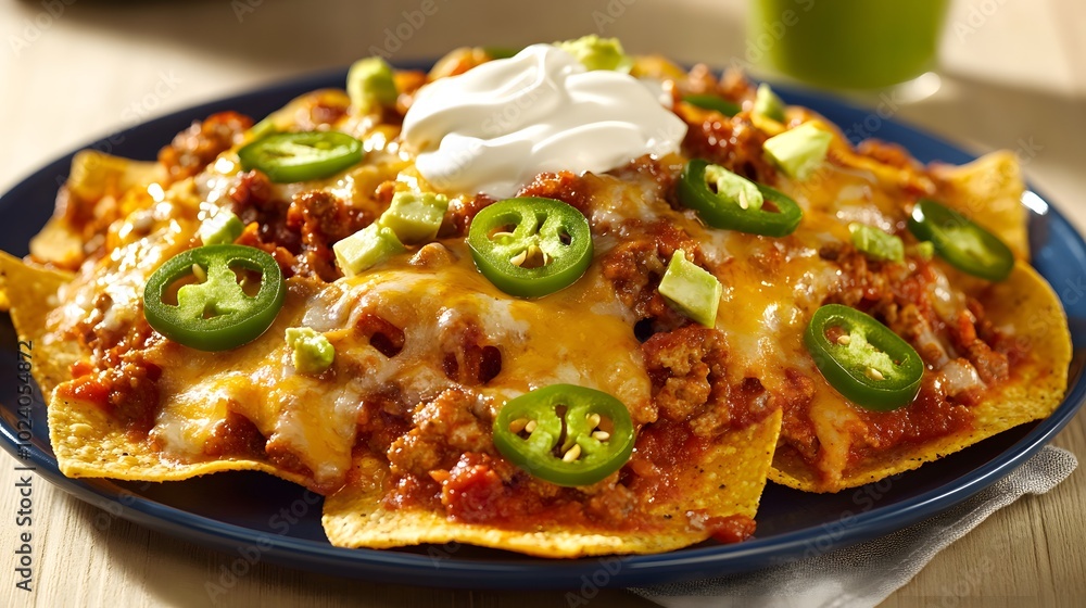 A plate of loaded nachos, with melted cheese, jalapeños, guacamole, and sour cream.
A plate of loaded nachos, with melted cheese, jalapeños, guacamole, and sour cream.