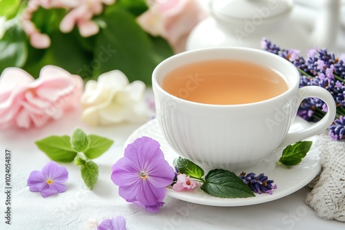 A serene cup of tea surrounded by colorful flowers, creating a peaceful and refreshing atmosphere for relaxation.