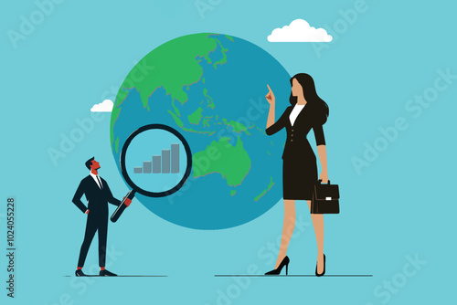 Businessman carrying magnifying glass with his female colleague observing global business opportunities