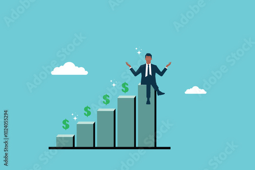 a businessman sits relaxed in the middle of an ever-increasing financial graph