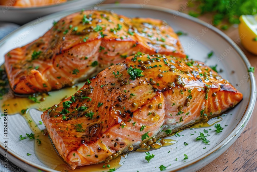 Baked salmon with a honey mustard glaze on a plate Baked salmon with a honey mustard glaze on a plate