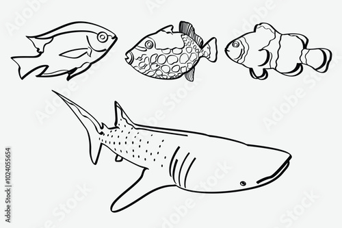 Outlined fishes, vintage drawings set. Sea and river species drawn in retro style. Contoured salmon, tuna, trout, cod, pike, perch, herring. Detailed vector illustrations isolated on white background