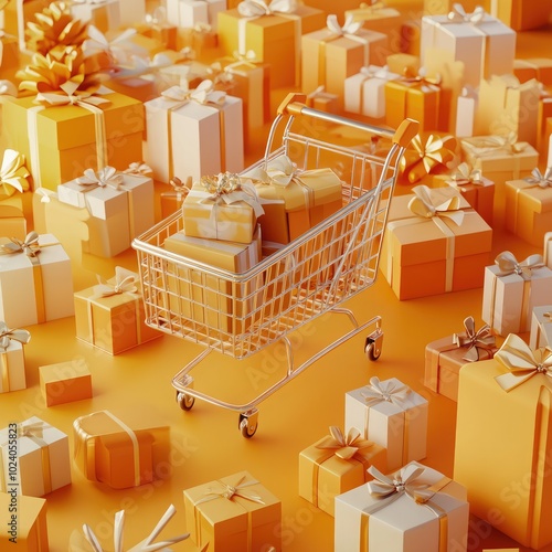 Shopping Cart Overflowing with Elegant Wrapped Gift Boxes, Depicting Abundance and Generosity