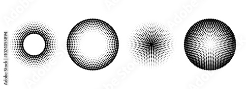 Halftone concentric circle set. Comic grunge texture ring shape collection. Dotted round geometric collection. Radial pop art design elements. Epicenter, target, radar concept. Vector halftone circles