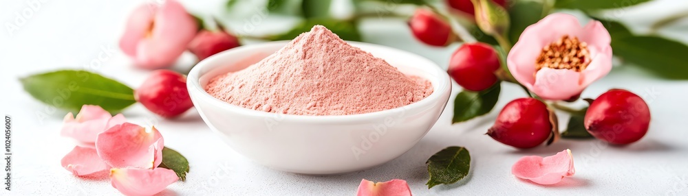 Delicate pink powder in a bowl surrounded by fresh flowers and leaves, perfect for beauty and wellness themes. Delicate pink powder in a bowl surrounded by fresh flowers and leaves, perfect for beauty and wellness themes.