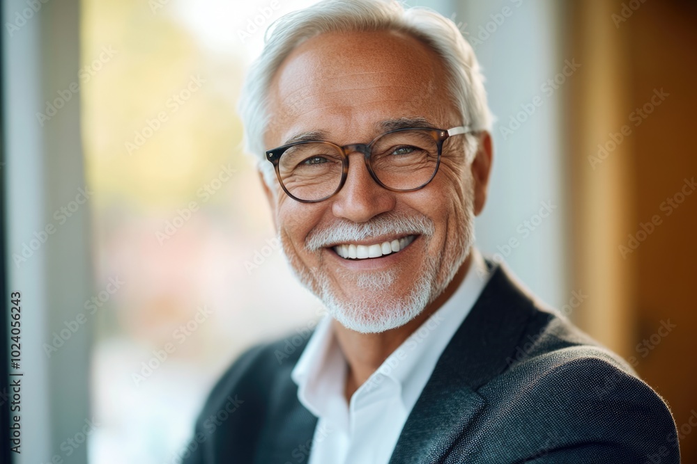 High-resolution brightly lit photorealistic candid photograph of a smiling senior businessman styled like a high-end lifestyle magazine. The light, happy ambiance reflects his joy. High-resolution brightly lit photorealistic candid photograph of a smiling senior businessman styled like a high-end lifestyle magazine. The light, happy ambiance reflects his joy.