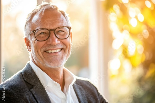 High-resolution brightly lit photorealistic candid photograph of a happy senior businessman styled like a high-end lifestyle magazine. The bright, uplifting setting reflects his joyful demeanor. photo