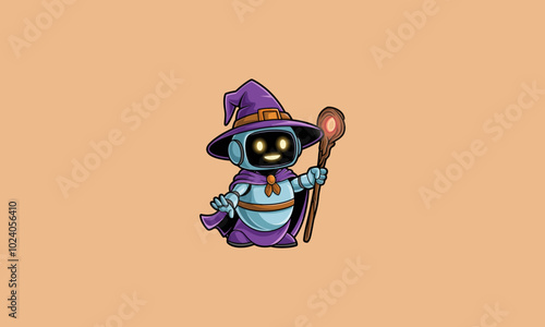 Robot wizard with a staff, wearing a hat and cape