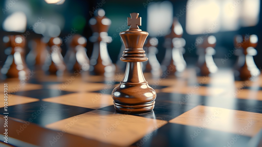 A chess board mid game with a knight piece prominently displayed in the foreground showcasing the strategic depth and intellectual challenge of the classic game of chess A chess board mid game with a knight piece prominently displayed in the foreground showcasing the strategic depth and intellectual challenge of the classic game of chess