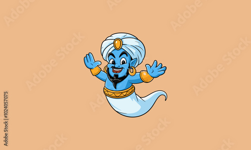 Blue cartoon genie with a turban and gold accessories, smiling