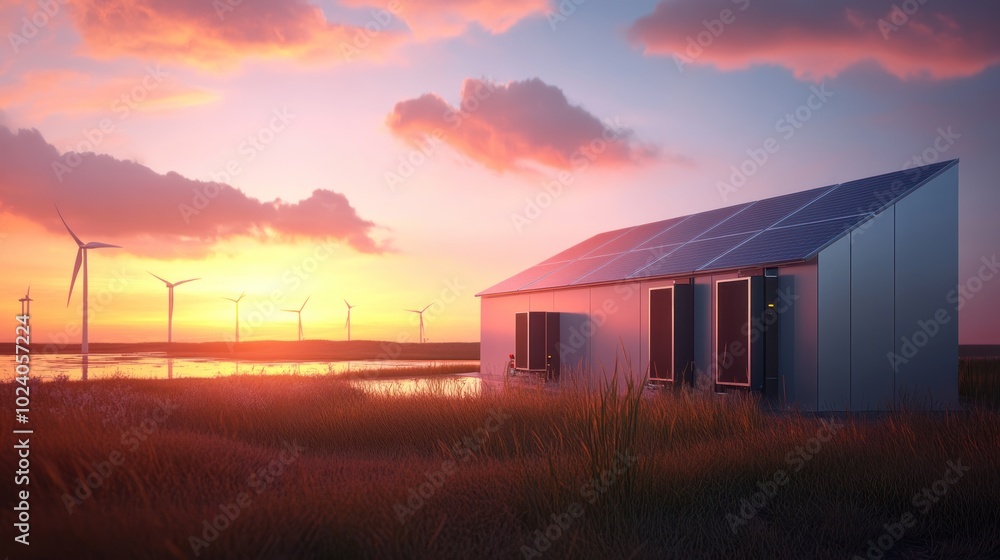 Obraz premium Solar panels with integrated battery storage, solar panels combined with advanced battery systems, storing energy for later use, 
