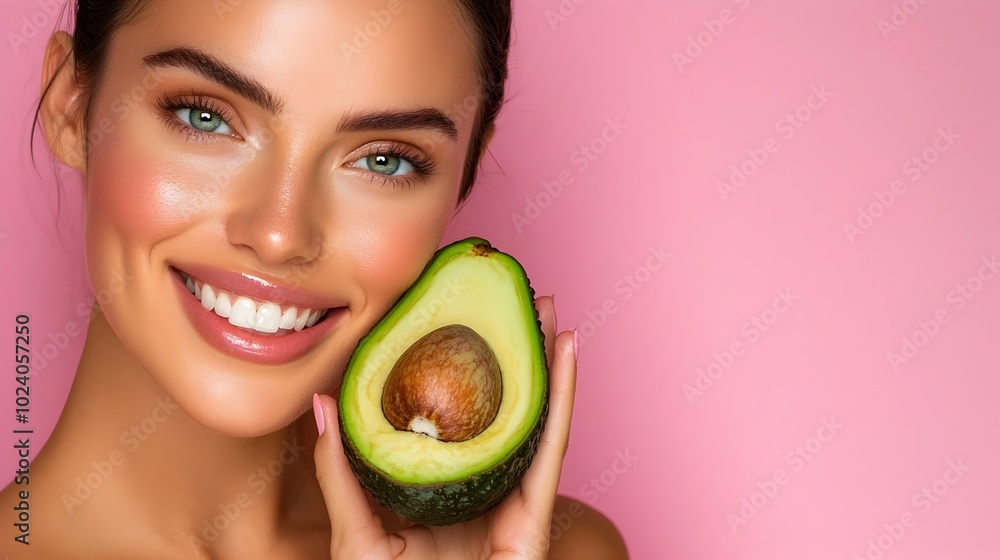 Youthful Smiling Woman Holding Half of an Avocado Representing a Natural Vitamin Facial Treatment Isolated Against a Vibrant Pink Wall with a Complementary Color Scheme Showcasing a Healthy Youthful Smiling Woman Holding Half of an Avocado Representing a Natural Vitamin Facial Treatment Isolated Against a Vibrant Pink Wall with a Complementary Color Scheme Showcasing a Healthy