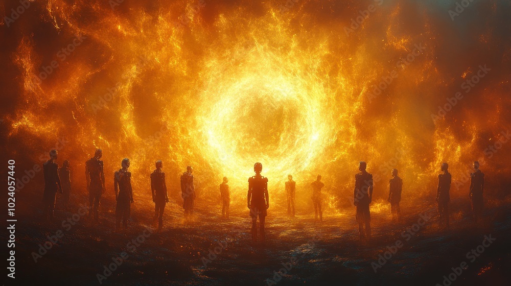 A surreal scene depicting figures surrounding a glowing, fiery circle in a mystical landscape. A surreal scene depicting figures surrounding a glowing, fiery circle in a mystical landscape.