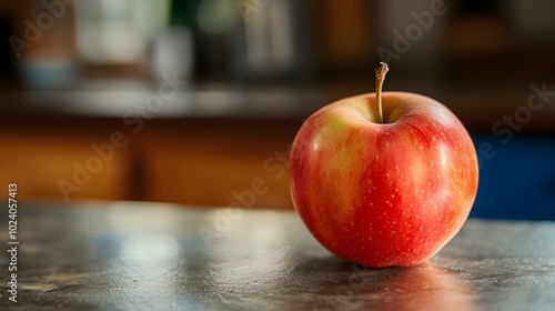 Closeup of a single ripe crimson red apple resting on a rustic wooden kitchen counter bathed in the soft diffused light of the morning sun The natural