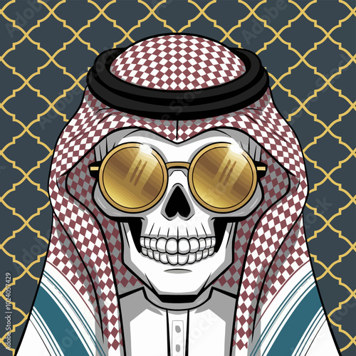 Cool skeleton in traditional attire wearing sunglasses