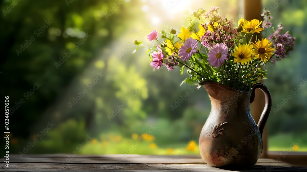 A beautiful bouquet of lush and colorful wildflowers arranged in a vintage glass vase sits on a rustic wooden table with warm sunlight streaming through the window and creating a cozy A beautiful bouquet of lush and colorful wildflowers arranged in a vintage glass vase sits on a rustic wooden table with warm sunlight streaming through the window and creating a cozy