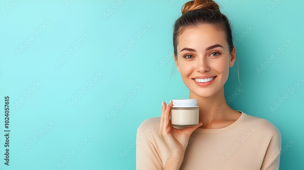 Elegant woman holding a glass jar of facial cream smiling warmly and promoting skincare and beauty products against a blue studio backdrop Elegant woman holding a glass jar of facial cream smiling warmly and promoting skincare and beauty products against a blue studio backdrop